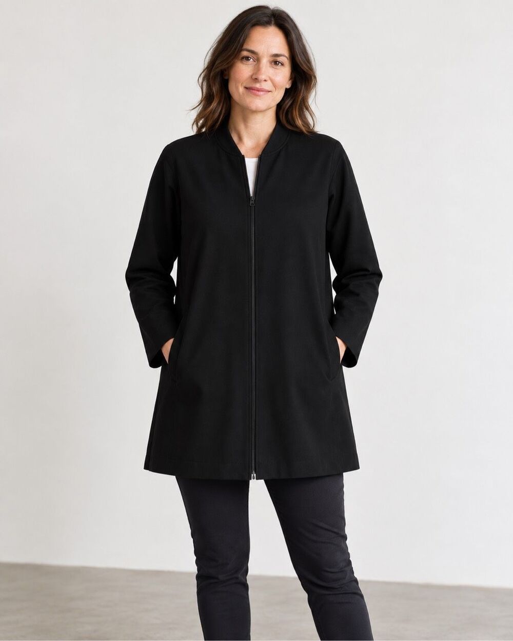 Eileen Fisher Black Stretch Long Flight Jacket Two Way Zip Minimalist Size XL